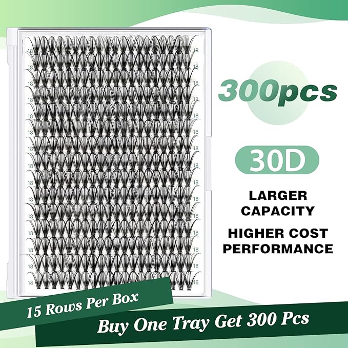 Lash Clusters 300pcs Individual Lashes 30D 0.07D Curl 18mm DIY Eyelash Extension KEYYOU Large Tray Volume Soft&Natural Cluster Lashes(30D-0.07D,18)
