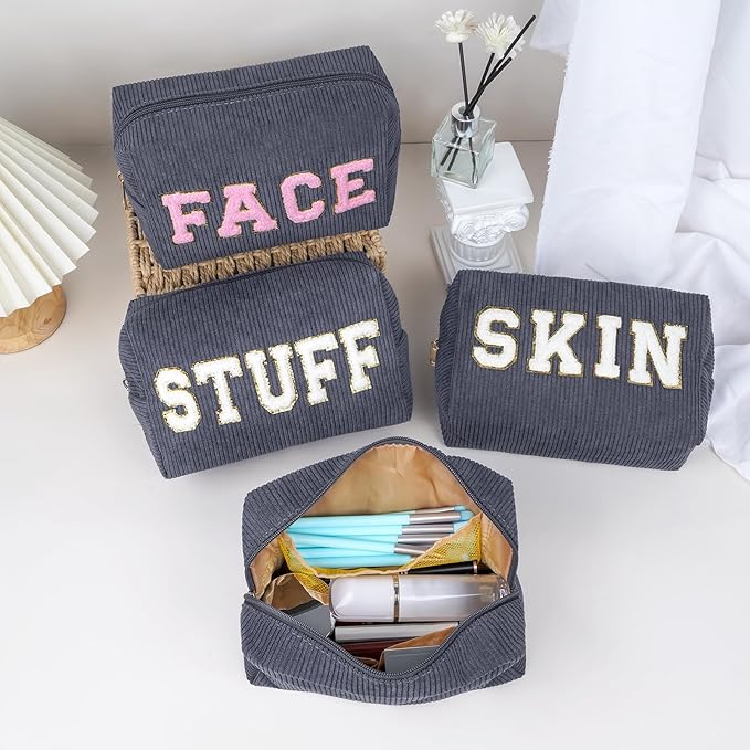 MAGEFY Small Makeup Bag for Purse Portable Makeup Pouch with Compartments Corduroy Make up Bag for Women Travel Cosmetic Essential (Dark Gray, HAIR)