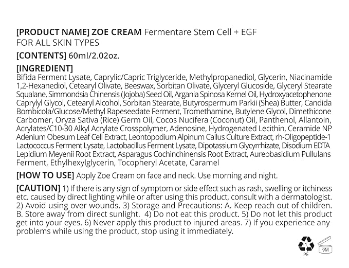 ZOE Anti-Aging Skincare Stem Cell Cream + EGF for Face, Neck, and Decollete - 60ml/2.02 fl.oz