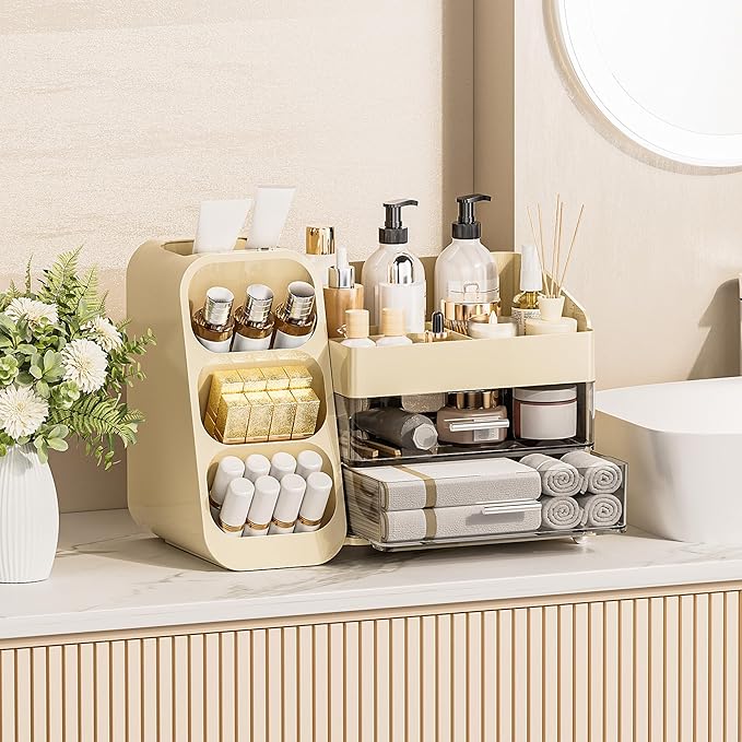 Delamu Makeup Organizer with Drawers for Vanity, Spacious Cosmetic Display Case with Makeup Brush Holder, Perfect Vanity Bathroom Organizer and Storage Solution for Skincare & Beauty Essentials, Beige