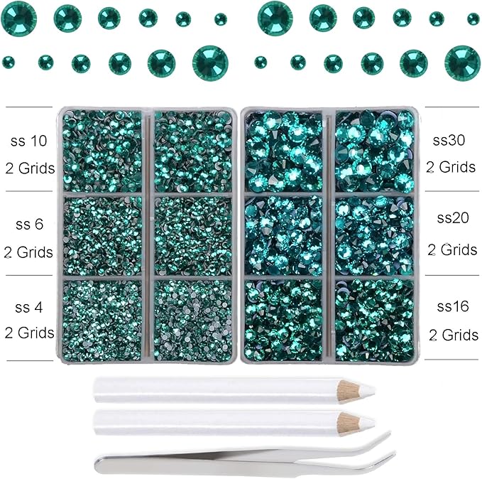 10000Pcs 2-Boxes Mixed Size Hot Fix Round Crystals Gems Glass Stones Hotfix Flat Back Rhinestones with Tweezers and Picking Pencil (Blue Zircon)