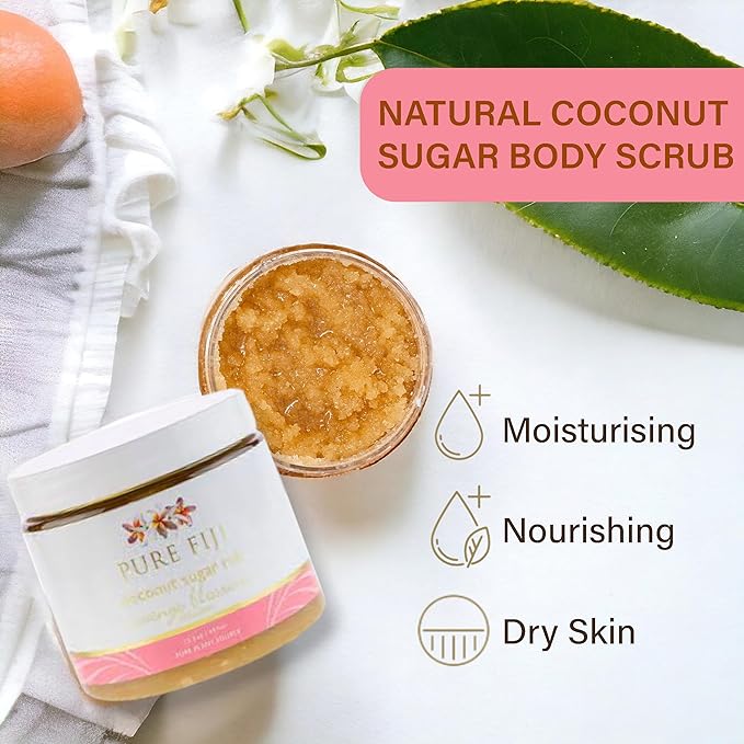 Pure Fiji Coconut Sugar Body Scrub - Body Exfoliator Scrub Natural Origin for Smooths and Softens Skin - Organic Exfoliating Sugar Scrub for Body, Orange Blossom, 15.5 Oz