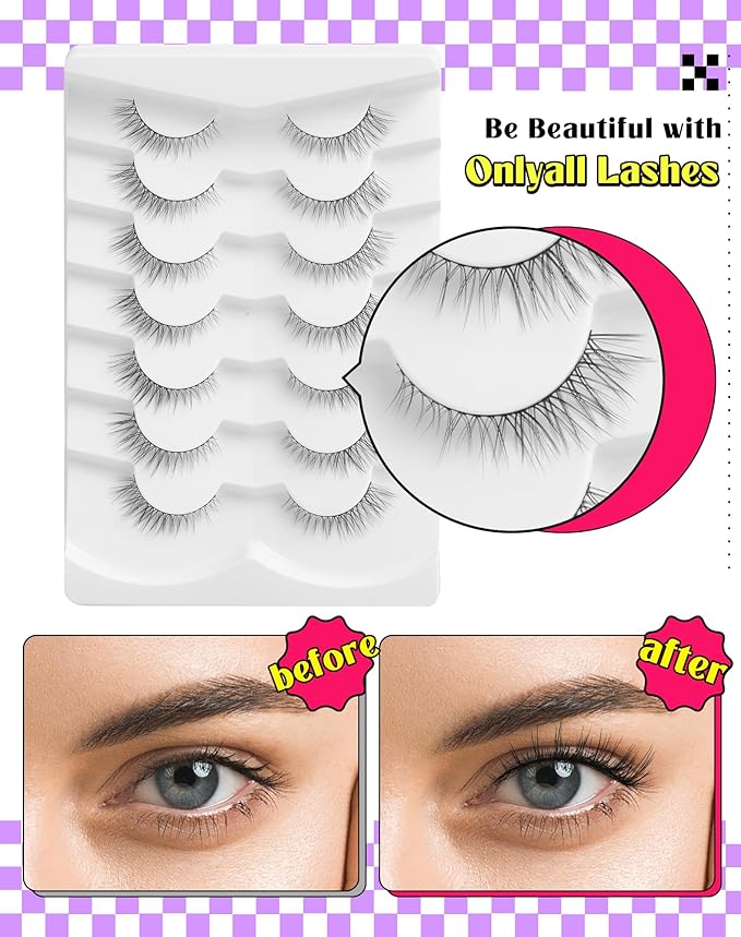 Onlyall Natural Lashes Wispy Lashes Natural Look False Eyelashes Natural Flared Eyelashes False Eye Lashes Soft Fluffy Lashes 7 Pairs D11 Gradual-10mm