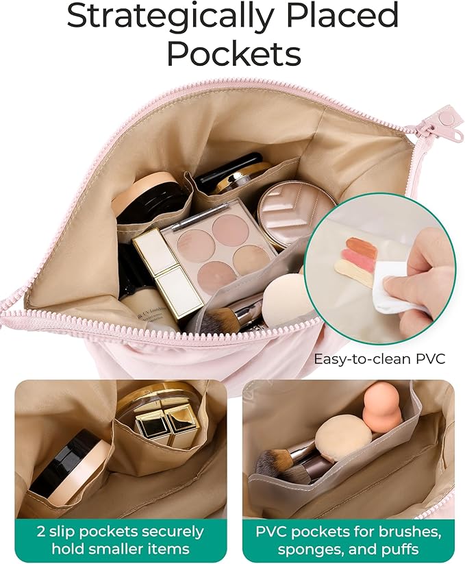 BAGSMART Makeup Bag Travel Toiletry Bag, Cute Make Up Bag, Large Capacity Cosmetic Bags for Women, Wide-open Makeup Pouch Travel Essentials Toiletries Accessories Brushes (Pink)
