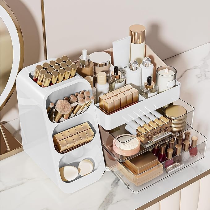 Delamu Makeup Organizer with Drawers for Vanity, Spacious Cosmetic Display Case with Makeup Brush Holder, Perfect Vanity Bathroom Organizer and Storage Solution for Skincare & Beauty Essentials, White