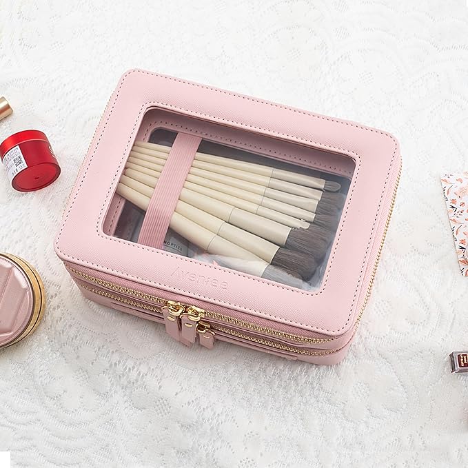 Aveniee Large Clear Makeup Bags, Double Layer Cosmetic Bags with Separate Brush Compartment, Travel Toiletry Bag Cosmetic Train Case, Travel Accessories Organizer for Women(2 Layers, Pink)