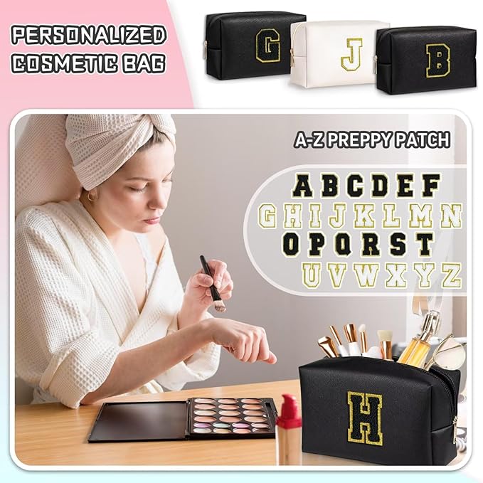 TOPEAST Initial Cosmetic Bag for Women, Preppy Small Makeup Bag, PU Leather Waterproof Toiletry Bag, Monogrammed Birthday Gifts for Women, Stuff for Girls (Black S)