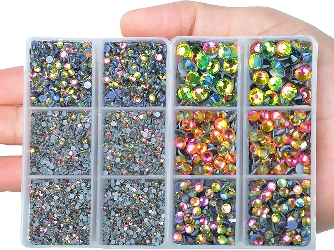 10000Pcs 2-Boxes Mixed Size Hot Fix Round Crystals Gems Glass Stones Hotfix Flat Back Rhinestones with Tweezers and Picking Pencil (Vitrail Medium)