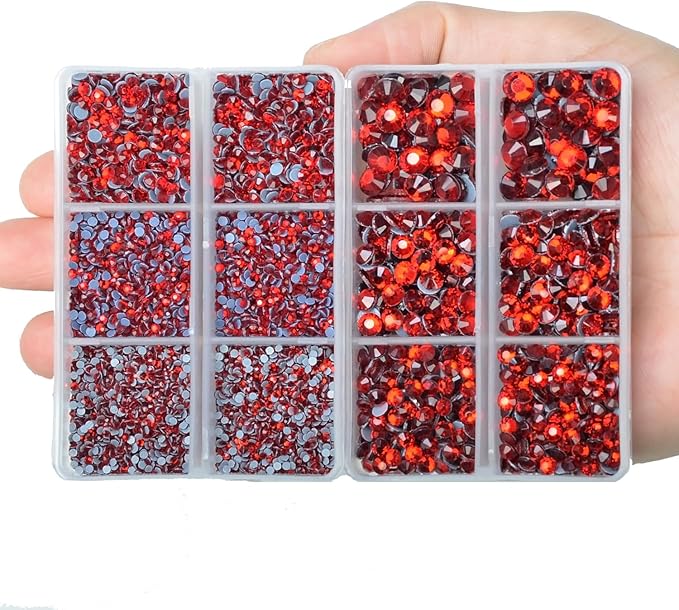 10000Pcs 2-Boxes Mixed Size Hot Fix Round Crystals Gems Glass Stones Hotfix Flat Back Rhinestones with Tweezers and Picking Pencil (Light Siam)