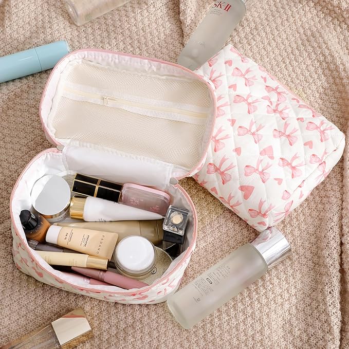 uekeboag Large Travel Quilted Makeup Bag for Women, Floral Cotton Cosmetic Bag, Coquette Aesthetic Floral Toiletry Organizer Bag
