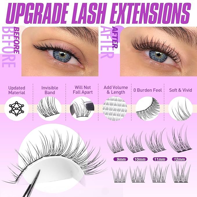 Pawotence Lash Extension Kit Wispy Lash Clusters Kit 9-12mm Natural Individual Lashes Kit 168pcs Cluster Eyelash Extension Kit with Lash Bond and Seal, Lash Applicator for Self Use