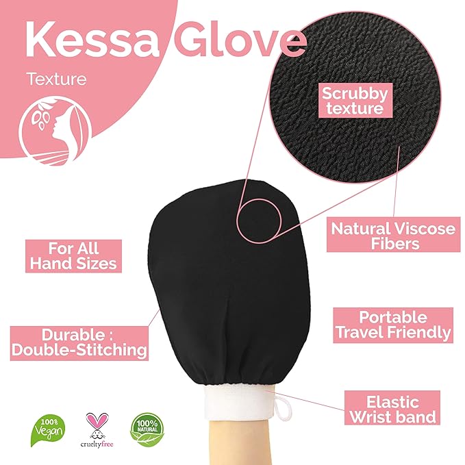 Fatima's Garden Exfoliating Kessa Glove - Natural Spa Scrubber, Black (1 Glove)