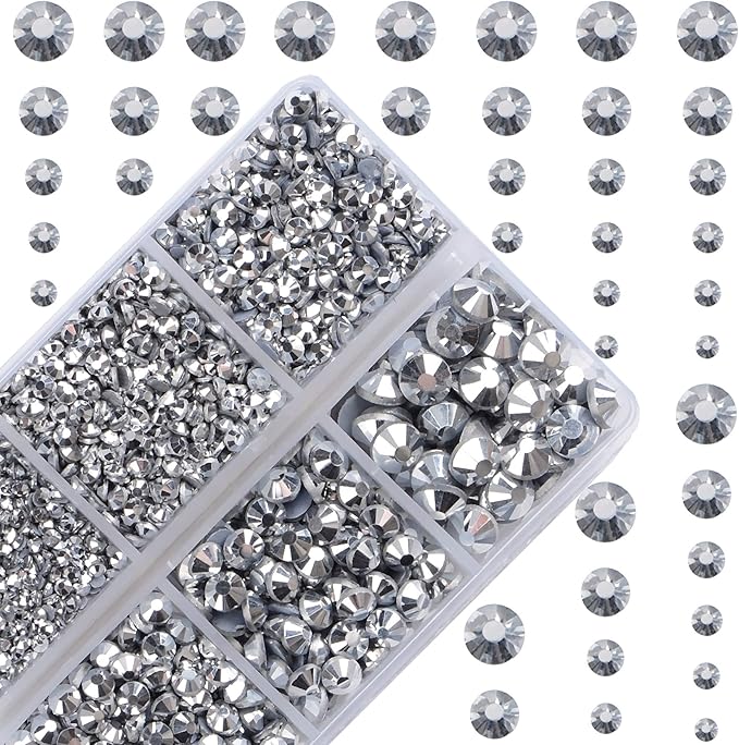 10000Pcs 2-Boxes Mixed Size Hot Fix Round Crystals Gems Glass Stones Hotfix Flat Back Rhinestones with Tweezers and Picking Pencil (Labrador Silver)