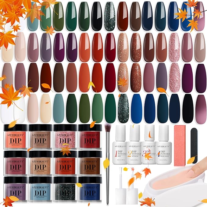 AZUREBEAUTY 42Pcs Dip Powder Nail Kit Starter, 32 Colors All Season Set Green Nude Brown Blue Dipping Powder Set with Top/Base Coat & Recycling Tray for French Art Manicure Salon