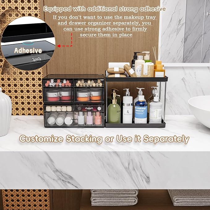 3 Tier 6-Drawer Bathroom Counter Organizer Shelf - Stackable Design - 18.9" Tall Large Skin Care Organizer Suitable as Makeup,Beauty,Face Product,Lotion,Skincare Organizers,Black