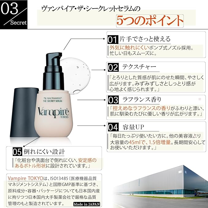 Vampire The Secret Serum, Vampire TOKYO Niacinamide Serum, Hali, Gloss, Moisturizing Care, Supports Dry Skin, Transparency, CICA Retinol Formulated, Made in Japan, Korean Cosmetics