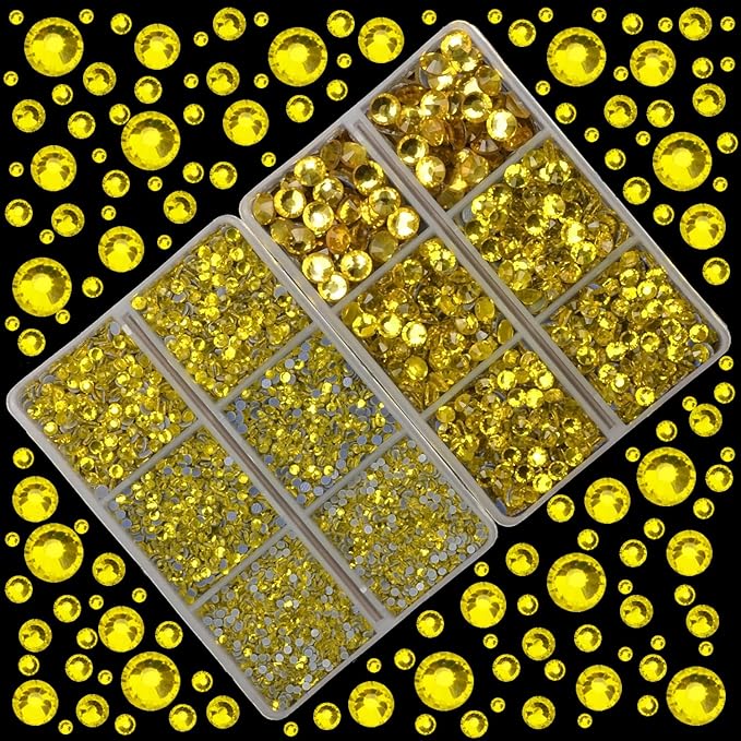 10000Pcs 2-Boxes Mixed Size Hot Fix Round Crystals Gems Glass Stones Hotfix Flat Back Rhinestones with Tweezers and Picking Pencil (Yellow)