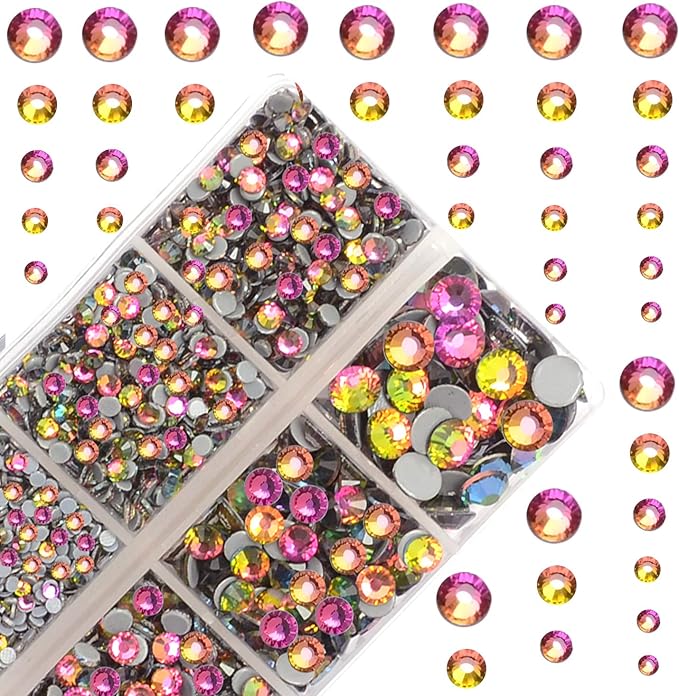 10000Pcs 2-Boxes Mixed Size Hot Fix Round Crystals Gems Glass Stones Hotfix Flat Back Rhinestones with Tweezers and Picking Pencil (Vitrail Medium)
