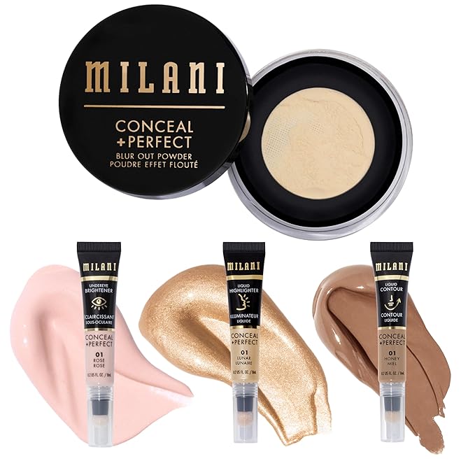 Milani Conceal + Perfect Blur Out Powder and Facelift Collection Kit 1: Honey Contour, Lunar Highlighter, Rose Undereye Brightener