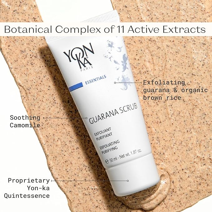 Yon-Ka Guarana Facial Scrub 50ml | Gentle Facial Detoxifying Scrub with 2 Sizes of Granules | Rice Microbeads and Guarana | Cleanses, Polishes and Purifies | Normal to Oily Skin | 98% Natural Origin