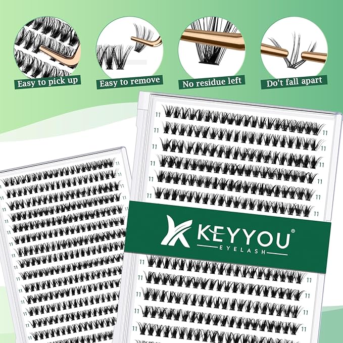 Lash Clusters 300pcs Individual Lashes 40D 0.07D Curl 11mm DIY Eyelash Extension KEYYOU Large Tray Volume Soft&Natural Cluster Lashes(40D-0.07D,11)