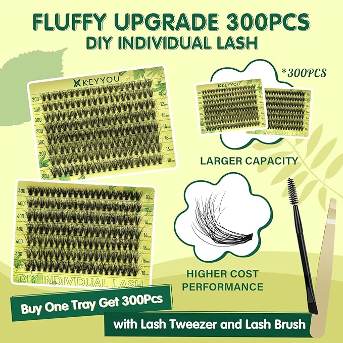 Lash Clusters 3D Effect Individual Lashes KEYYOU 300pcs 30D D Curl 10-18MIX Eyelash Clusters Wispy Lashes Fluffy Cluster Lashes Natural Soft DIY Lash Extension(3D-30D40D-10-18MIX)