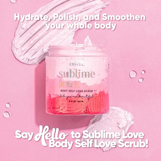 Olivia Beauty Body Scrub for Women - Body Self Love, All Natural Exfoliating Formula with Organic Ingredients like Shea, Mango & Cocoa Butter, and Coconut Oil - Restores Skin Nutrients, 8 Oz