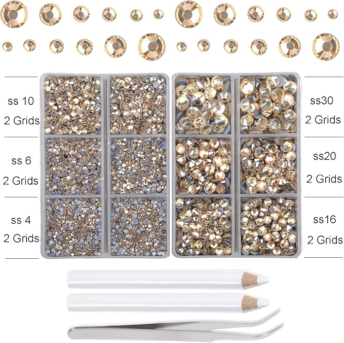 10000Pcs 2-Boxes Mixed Size Hot Fix Round Crystals Gems Glass Stones Hotfix Flat Back Rhinestones with Tweezers and Picking Pencil (Light Champagne)