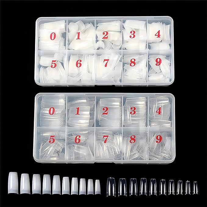 1000pcs Clear and Natural Square Nail Tips,10 Size French Nail Tips For Acrylic Nails Half Cover False Nails Extension Artificial Fingernails