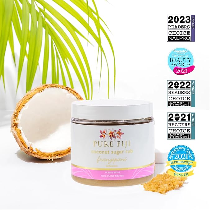 Pure Fiji Coconut Sugar Body Scrub - Body Exfoliator Scrub Natural Origin for Smooths and Softens Skin - Organic Exfoliating Sugar Scrub for Body, Frangipani, 15.5 Oz