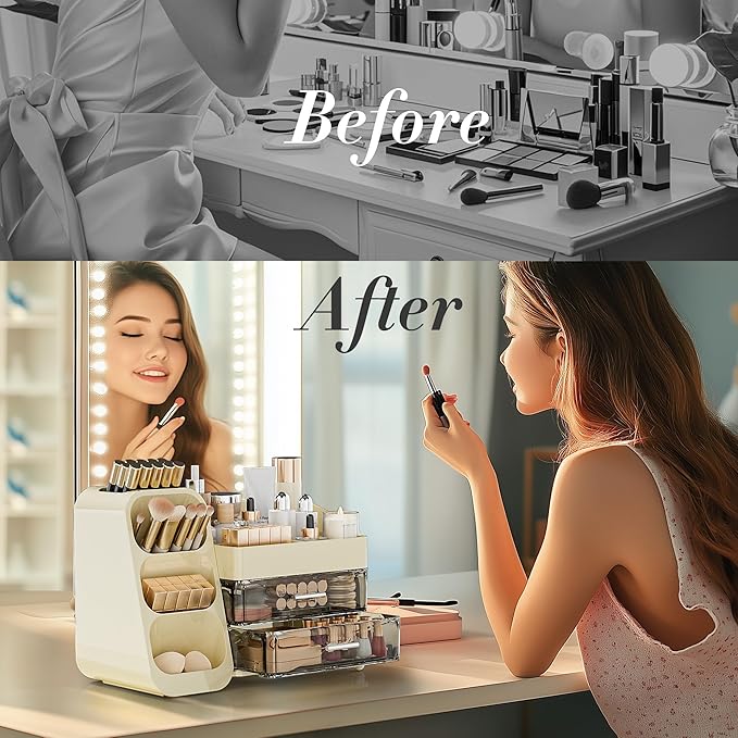 Delamu Makeup Organizer with Drawers for Vanity, Spacious Cosmetic Display Case with Makeup Brush Holder, Perfect Vanity Bathroom Organizer and Storage Solution for Skincare & Beauty Essentials, Beige