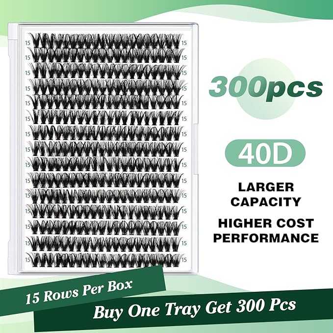 Lash Clusters 300pcs Individual Lashes 40D 0.07D Curl 15mm DIY Eyelash Extension KEYYOU Large Tray Volume Soft&Natural Cluster Lashes(40D-0.07D,15)