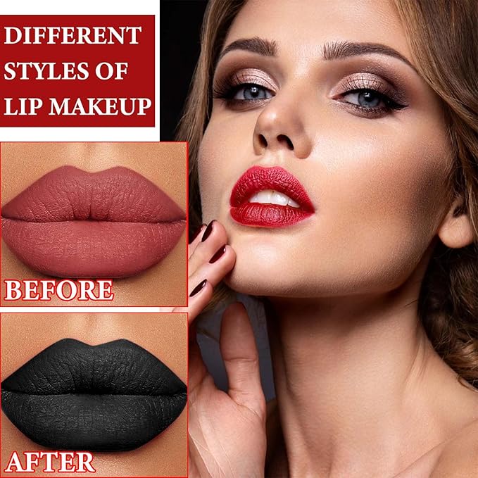 4 Pcs Black White Red Purple Matte Liquid Lipstick Sets,Highly Pigmented Nude Lipstick Lip Stain,Matte Lipstick for Women Lip Gloss Gift Set,Waterproof Long Lasting Smudge Proof Matte Finish