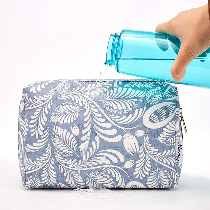 Narwey Cute Makeup Bag Travel Cosmetic Bag Organizer Toiletry Bag Make Up Bags with Compartments for Women Girls (Large, Blue Leaf)