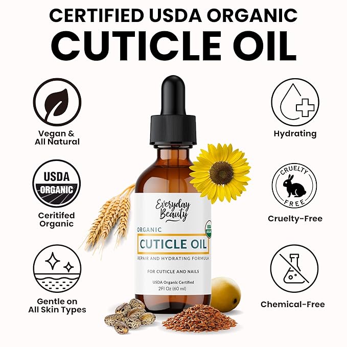 Organic Cuticle & Nail Oil - Repair, Revitalize & Hydrate Cuticles and Nails - Organic Spa Treatment - For Stronger Healthier Nails and Cuticles - 2 Fl Oz Glass Bottle with Glass Dropper