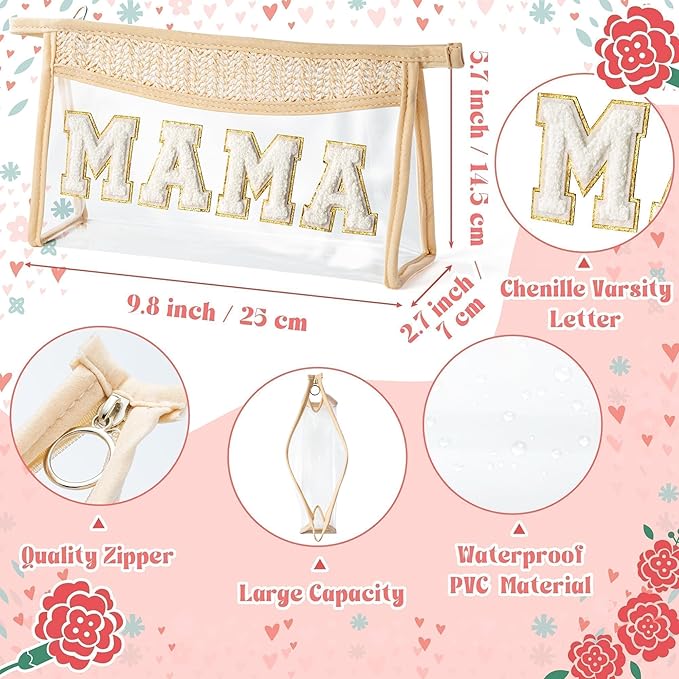 Mother's Day Cosmetic Bag - Summer Boho Patch MAMA Chenille Varsity Letter Makeup Bag Clear Waterproof Travel Toiletry Kit Zipper Clutch Daily Use Purse Gift for Mom Women Ladies Wife