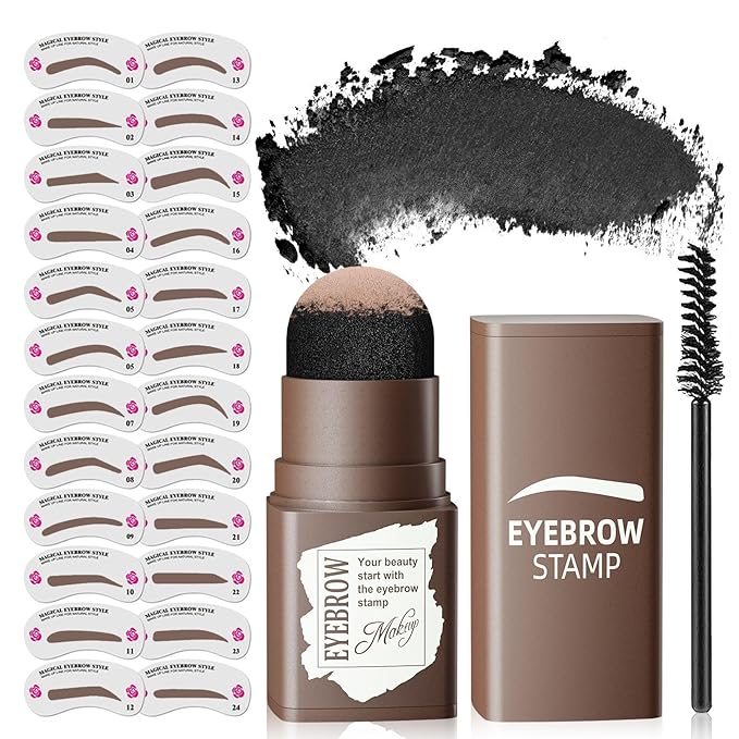 Eyebrow Stamp Stencil Kit - Long-Lasting Eye Brow with Eyebrow Blush, Waterproof & Smudge-Proof Brow Shaping Kit with 24 Reusable Thin & Thick Eyebrow Stencils for Voluminous Brow (Black)