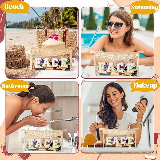 Boho Patch Face Cosmetic Bag - Summer FACE Chenille Varsity Toiletry Makeup Bag Beige Letter Clear Waterproof Travel PVC Zipper Clutch Daily Use Purse Summer Beach Pool Pouch for Women Girl