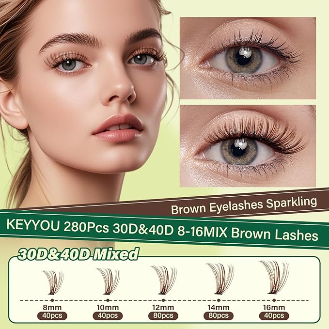 Natural Lash Extensions - Wispy Eyelash Clusters 280pcs D Curl, Beginner Friendly, Dark Brown