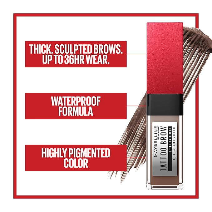 Maybelline Tattoo Studio Brow Styling Gel, Waterproof Eyebrow Make Up, Brow Tint for Up to 36HR Wear, Medium Brown, 1 Count