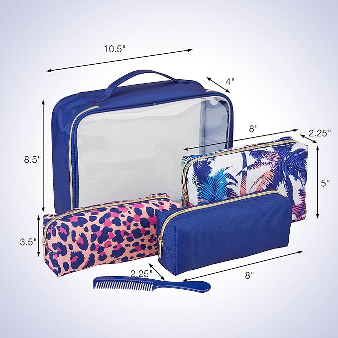 Conair 5 Piece Toiletry and Cosmetic Bag Set Under $30, Includes 4 Makeup Bags and 1 Travel Comb in Blue Palm Prints