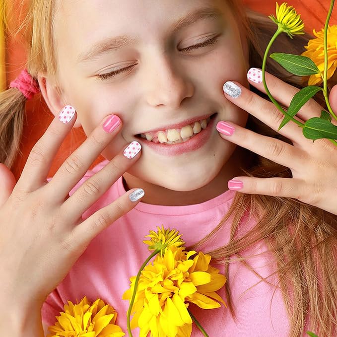 108Pcs Fake Press on Nails for Kids,Acrylic Full Cover False Press on Nails Girls Stick on Nails for Kids Children Birthday Party Favors Gift Nail Art Decoration(9 Pack Gradient Style)