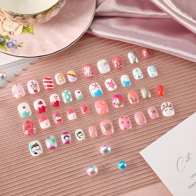 108Pcs Fake Press on Nails for Kids,Acrylic Full Cover False Press on Nails Girls Stick on Nails for Kids Children Birthday Party Favors Gift Nail Art Decoration(9 Pack Cute Style)