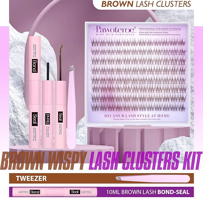 Pawotence Brown Lash Extension Kit Lash Clusters Wispy clear Band 10-12mm Individual Lashes Natural Brown Clusters Eyelash Extension Kit with Lash Bond and Seal, Lash Applicator for Self Use