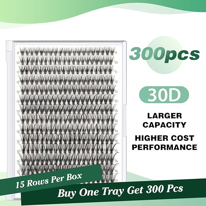 Lash Clusters 300pcs Individual Lashes 30D 0.07C Curl 9-18MIX DIY Eyelash Extension KEYYOU Large Tray Volume Soft&Natural Cluster Lashes(30D-0.07C,9-18MIX)