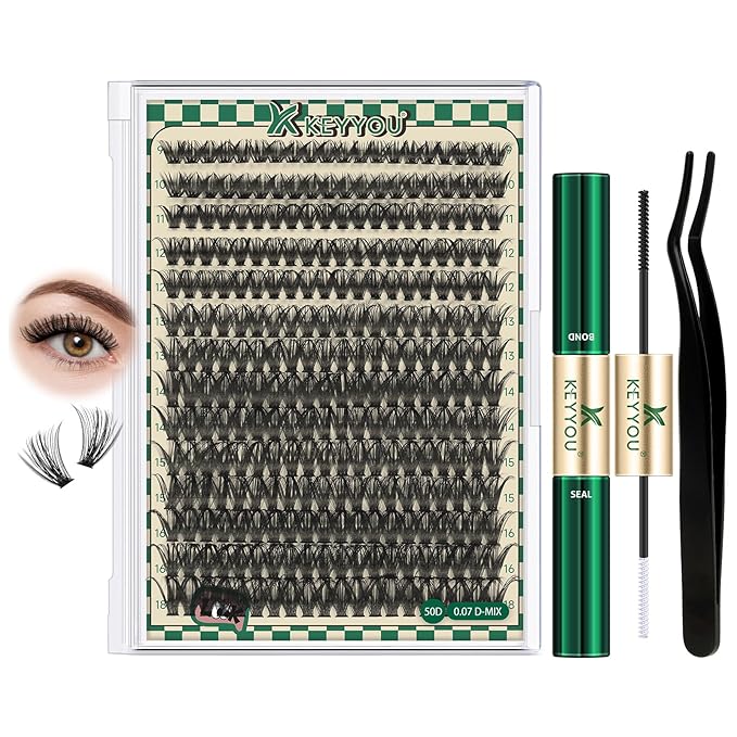 DIY Lash Extension Kit 280pcs Individual Lashes D Curl Eyelash Extension Kit KEYYOU 50D 9-18Mix Natural Lash Clusters with Lash Bond and Seal and Lash Applicator for DIY at Home(KIT-50D-0.07D-9-18Mix)