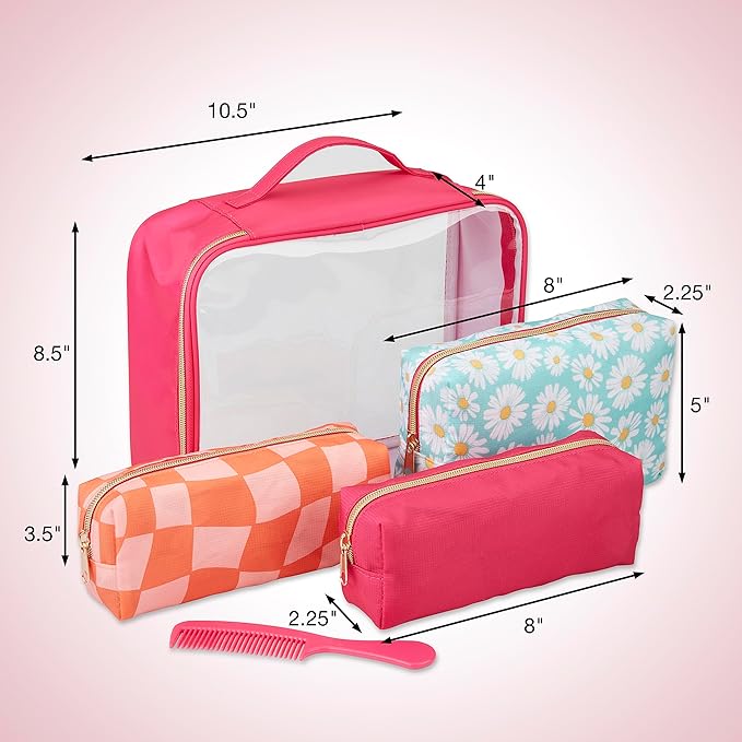 Conair 5 Piece Toiletry and Cosmetic Bag Set Under $30, Includes 4 Makeup Bags and 1 Travel Comb in Pink and Daisy Prints