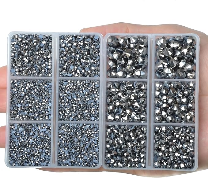 10000Pcs 2-Boxes Mixed Size Hot Fix Round Crystals Gems Glass Stones Hotfix Flat Back Rhinestones with Tweezers and Picking Pencil (Silver Flare)