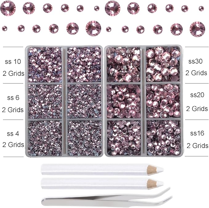 10000Pcs 2-Boxes Mixed Size Hot Fix Round Crystals Gems Glass Stones Hotfix Flat Back Rhinestones with Tweezers and Picking Pencil (Light Amethyst)