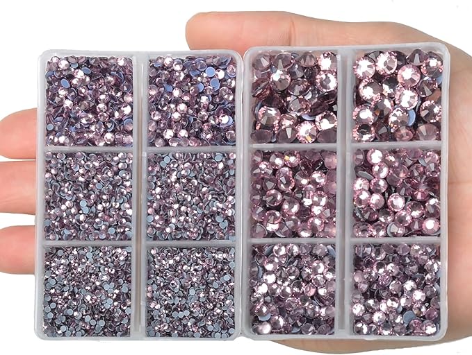 10000Pcs 2-Boxes Mixed Size Hot Fix Round Crystals Gems Glass Stones Hotfix Flat Back Rhinestones with Tweezers and Picking Pencil (Light Amethyst)